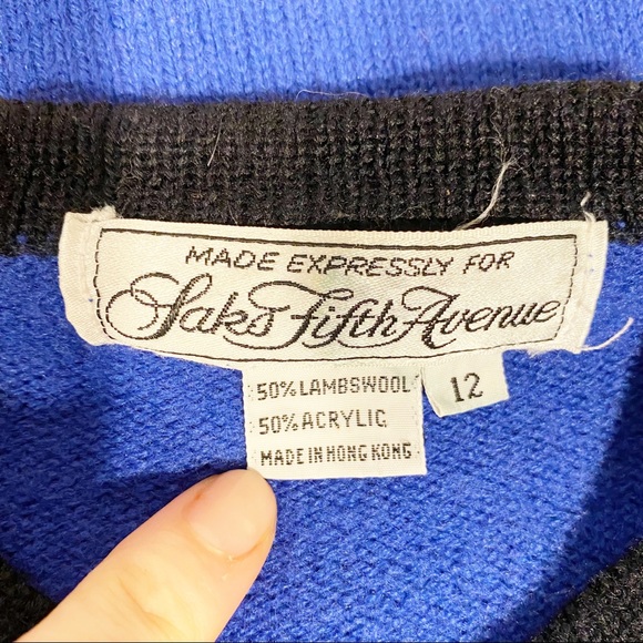 Vintage | Saks 5th Avenue 80s Cobalt Blue Cardigan Sweater Sgt. Pepper's Stripes - Picture 8 of 9